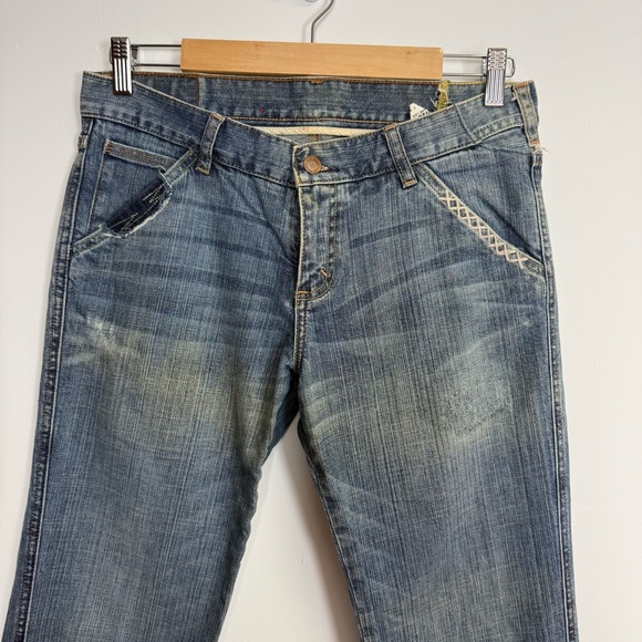 X2 Y2K Denim Laboratory Jeans Womens 6 Blue Flare Distressed Patched Express - Picture 3 of 14